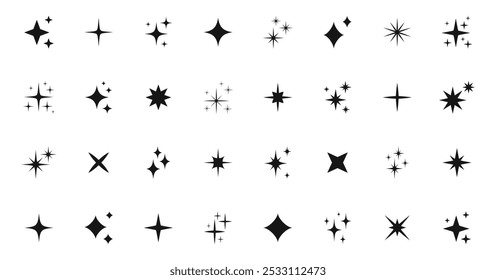 Shining stars icon set. Sparkle stars icons. Twinkle stars collection. Different star shapes. Effect shine, glitter, twinkling and clean. Vector illustration.