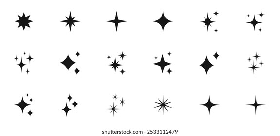 Shining stars icon set. Sparkle stars icons. Twinkle stars collection. Different star shapes. Effect shine, glitter, twinkling and clean. Vector illustration.