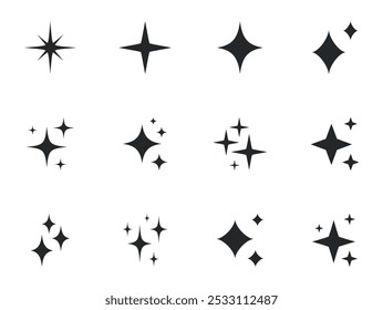 Shining stars icon set. Sparkle stars icons. Twinkle stars collection. Different star shapes. Effect shine, glitter, twinkling and clean. Vector illustration.