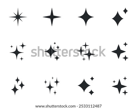 Shining stars icon set. Sparkle stars icons. Twinkle stars collection. Different star shapes. Effect shine, glitter, twinkling and clean. Vector illustration.