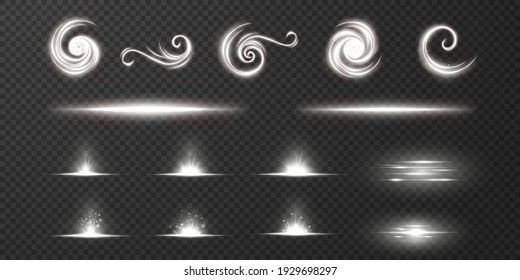 Shining stars isolated on a transparent white background. Effects, glare, radiance, explosion, white light, set. The shining of stars, beautiful sun glare. Vector illustration. twirl light white png.