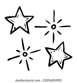 Shining stars of the night sky hand drawn doodle. Time to sleep. Vector outline line art illustration.