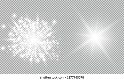 Shining stars on a transparent background, shiny and bright. Vector illustration. Light, radiance and rays.