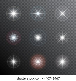 Estrelas brilhantes ou outras fontes de luz brilhantes com um halo. Efeitos de luz transparentes. Ilustração vetorial