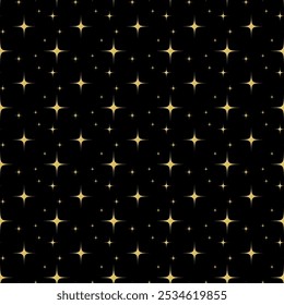 Shining stars repeat pattern.Seamless pattern with golden bright star isolated on black night sky background.Vector graphic abstract background.