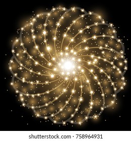 Shining stars with star dust on black background, light effect, golden color