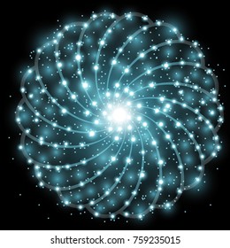 Shining stars with star dust on black background, light effect, aqua color