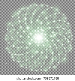 Shining stars with star dust on transparent background, light effect, green color