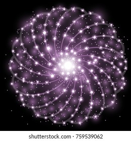 Shining stars with star dust on black background, light effect, purple color