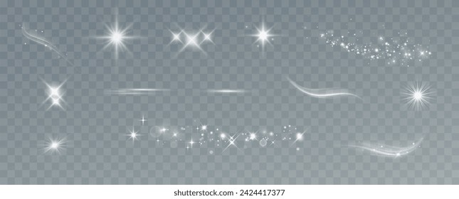 Shining stars.White shiny particles on a transparent background.Sparkling star dust.For packaging of children's toys, gifts, cards, banners.Vector.	