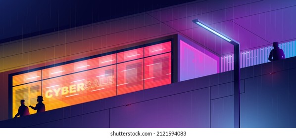 Shining store in a neon light. Futuristic colorful background