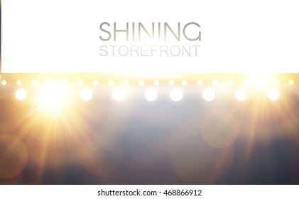 Shining Storefront. Elegant Border. Abstract Illuminated Background. Light Bulbs and Flashes. Game and Casino Design. Glamour Mirror. Vector illustration