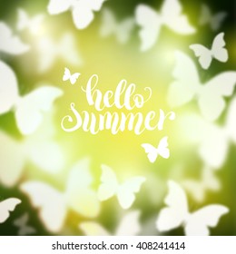 Shining summer background with flying butterflies. Vector illustration