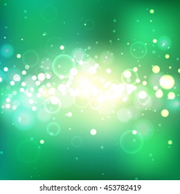 Shining summer background with light effects. Green burst. Magic defocused glitter sparkles. Blurred soft backdrop. Vector illustration. EPS10