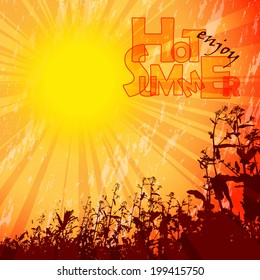 Shining summer gold sun with flowers on the background and red text field. Vector illustration.