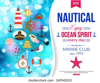 Shining summer nautical typographical background with place for text. Vector illustration.