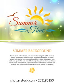 Shining summer paradise holidays background with blurred bokeh lights and place for text. Vector illustration.