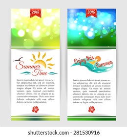 Shining summer typographical banners with blurred bokeh lights and place for text. Vector illustration.