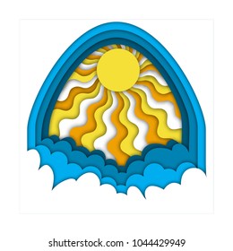 Shining sun above the dark cloudy sky. Divine sky concept. Paper cut out style vector illustration.