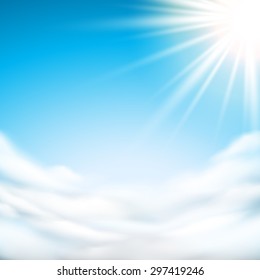 Shining sun with blue sky and clouds.Vector illustration.