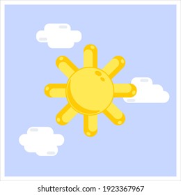 Shining sun in blue sky with white clouds. Simple vector illustration.