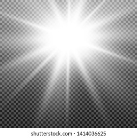 Shining sun, bright flash or light explodes on a transparent background. Vector