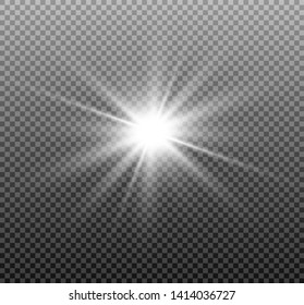 Shining sun, bright flash or light explodes on a transparent background. Vector