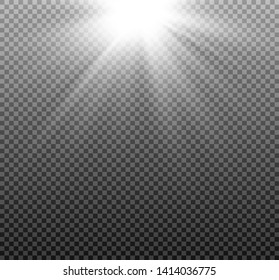 Shining sun, bright flash or light explodes on a transparent background. Vector
