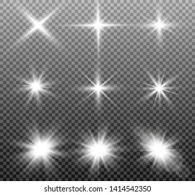 Shining sun, bright flash or light explodes on a transparent background. Vector