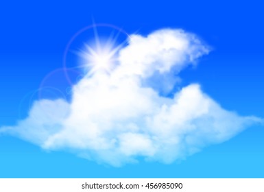 Shining sun and clouds against a bright blue sky. Vector illustration