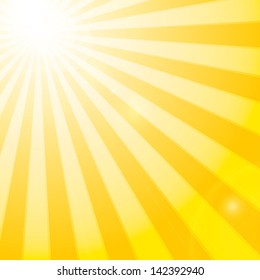 Shining sun in the cloudy blue sky. Vector illustration