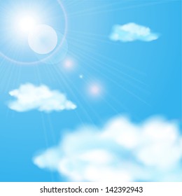 Shining sun in the cloudy blue sky. Vector illustration