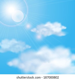Shining sun in the cloudy blue sky. Vector illustration