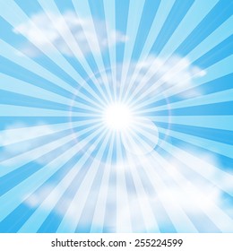 Shining sun in the cloudy blue sky. Vector illustration