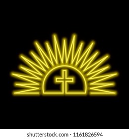 Shining sun and cross neon sign. Resurection concept. Bright glowing symbol on a black background. Neon style icon. 