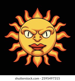 Shining sun face in cartoon illustration style
