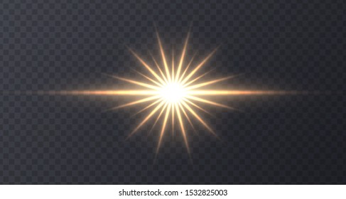 Shining sun flare isolated on dark transparent background. Lens flare, shining star with rays concept. Glowing vector light effect.