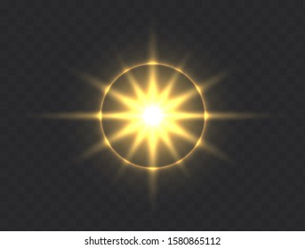 Shining sun flare isolated on dark transparent background. Lens flare, shining star with rays concept. Glowing vector light effect.