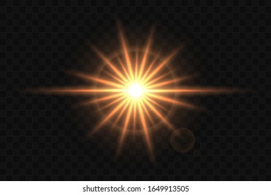 Brillantes rayos solares aislados en un fondo oscuro y transparente. Lente flare, bokeh, estrella brillante con concepto de rayas. Efecto de luz vectorial brillante.