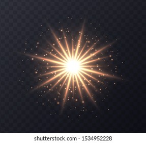 Shining sun flare with stars and sparkles isolated on dark transparent background. Golden lens flare, stardust, shining star with rays concept. Glowing vector light effect.