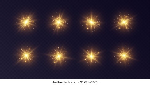 Brillantes bengalas solares con estrellas y destellos. Lente dorada, polvo de estrellas, estrella brillante con concepto de rayos. Efecto de luz vectorial brillante aislado en un fondo transparente oscuro.