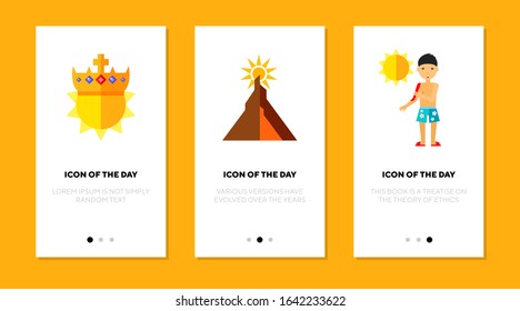 Shining sun flat icon set. Light, sunrise, sunburn isolated sign pack. Sunny weather, scalding sun concept. Vector illustration symbol elements for web design and apps