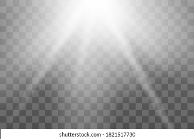 Shining sun glare rays, lens flare vector illustration. Sunlight glowing png effect. White beam sunrays sky background