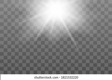 Shining sun glare rays, lens flare vector illustration. Sunlight glowing png effect. White beam sunrays sky background