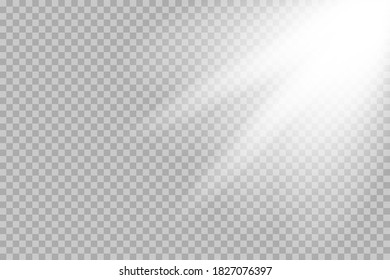 Shining sun glare rays, lens flare vector illustration. Sunlight glowing png effect. White beam sunrays sky background