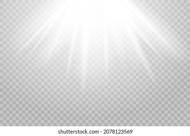 Shining Sun Glare Rays, Lens Flare Vector Illustration. Sunlight Glowing Png Effect. White Beam Sunrays Sky Background