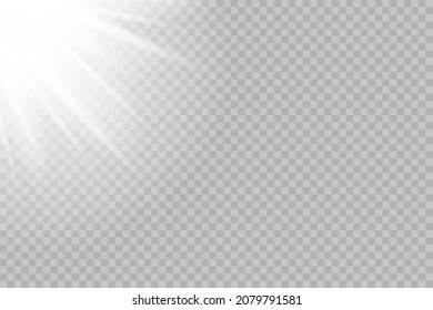 Shining sun glare rays, lens flare vector illustration. Sunlight glowing png effect. White beam sunrays sky background