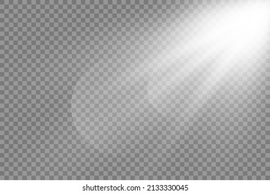 Shining Sun Glare Rays, Lens Flare Vector Illustration. Sunlight Glowing Png Effect. White Beam Sunrays Sky Background