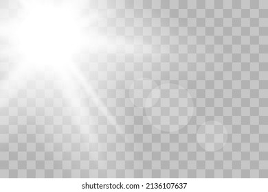Shining sun glare rays, lens flare vector illustration. Sunlight glowing png effect. White beam sunrays sky background