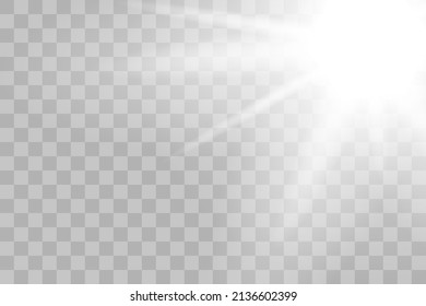Shining sun glare rays, lens flare vector illustration. Sunlight glowing png effect. White beam sunrays sky background
